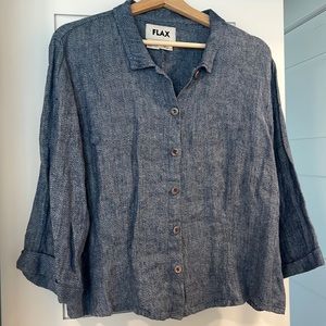 FLAX Vintage LINEN Button Down Boxy 3/4 Sleeve Top